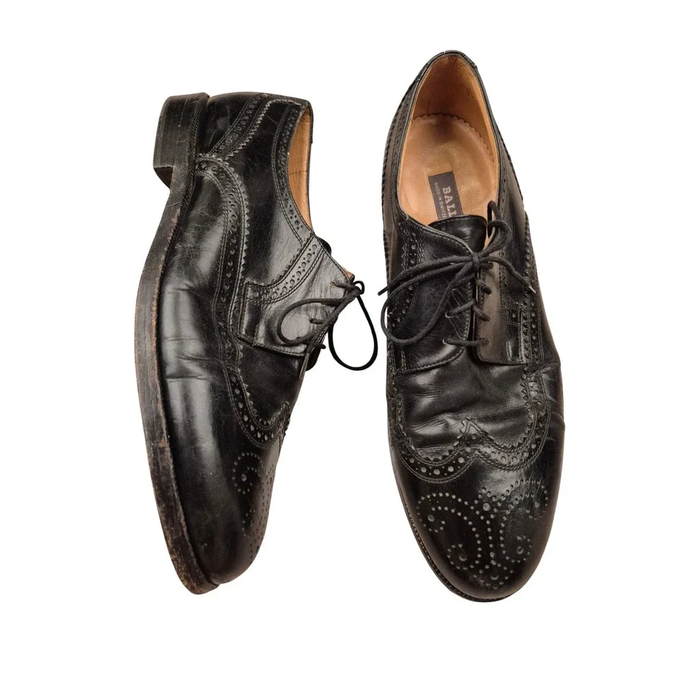 Bally Switzerland Mens Black Leather‎ Wingtip Goodyear Oxford Dress Shoes 10 E